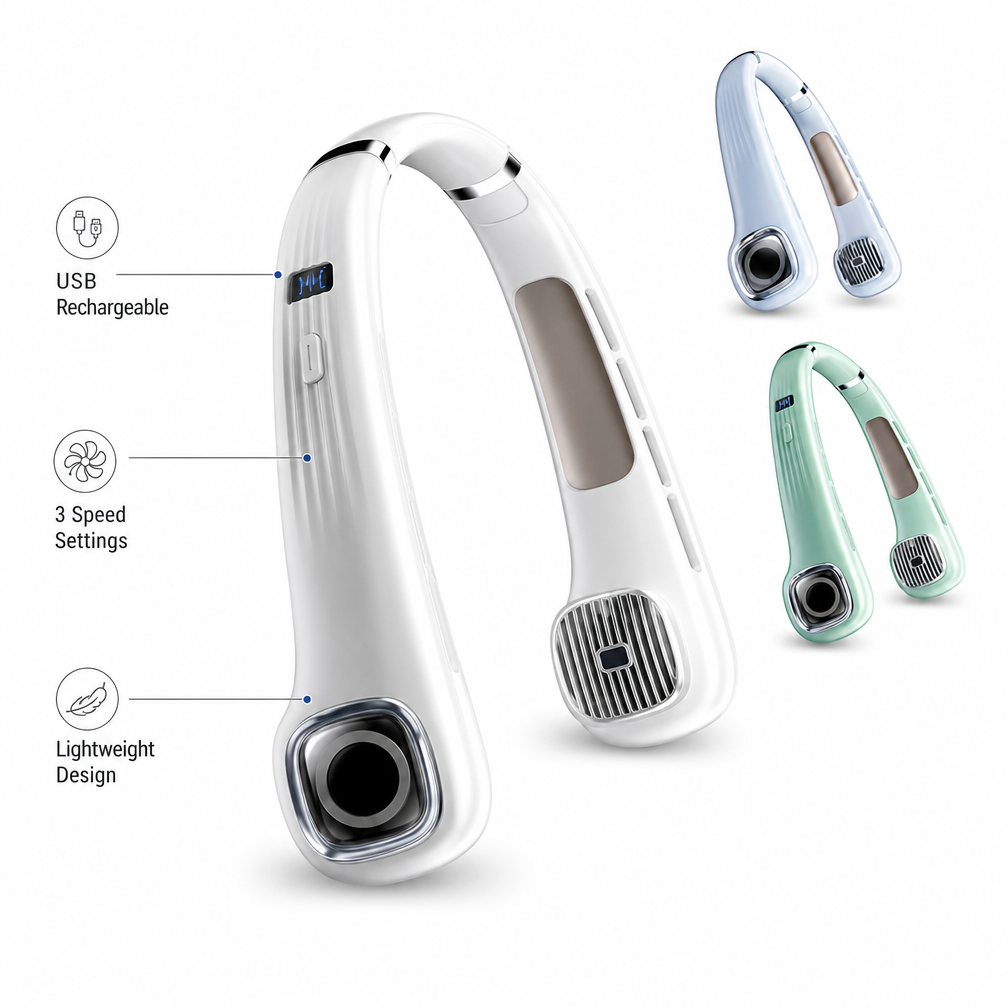 NeckBreeze™ — Hands-Free Portable Neck Fan with 3-Speed Cooling