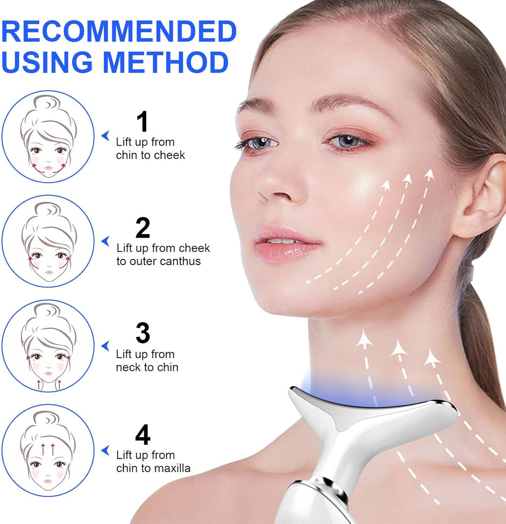 Recommended usage method for the Anti-Wrinkle 4-in-1 EMS facial device with lifting motion diagram