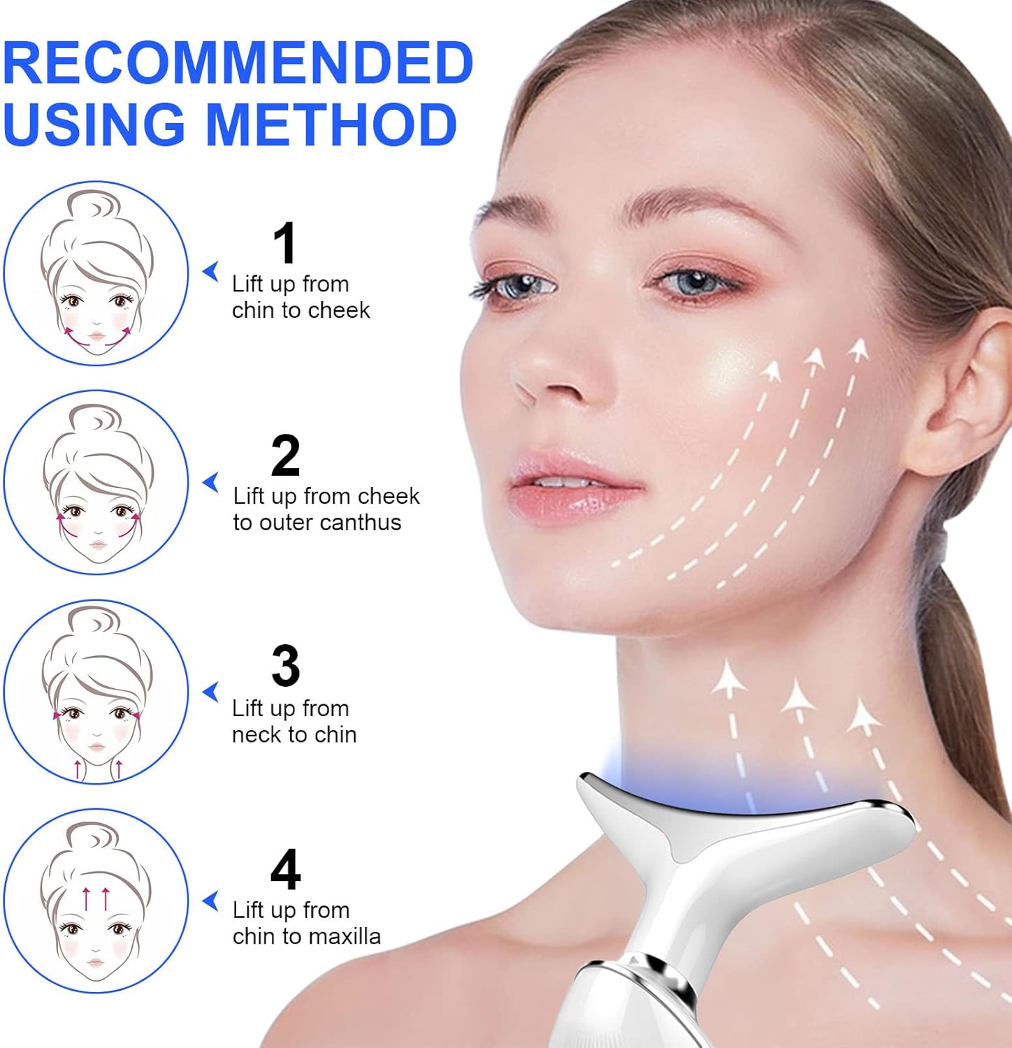 Recommended usage method for the Anti-Wrinkle 4-in-1 EMS facial device with lifting motion diagram