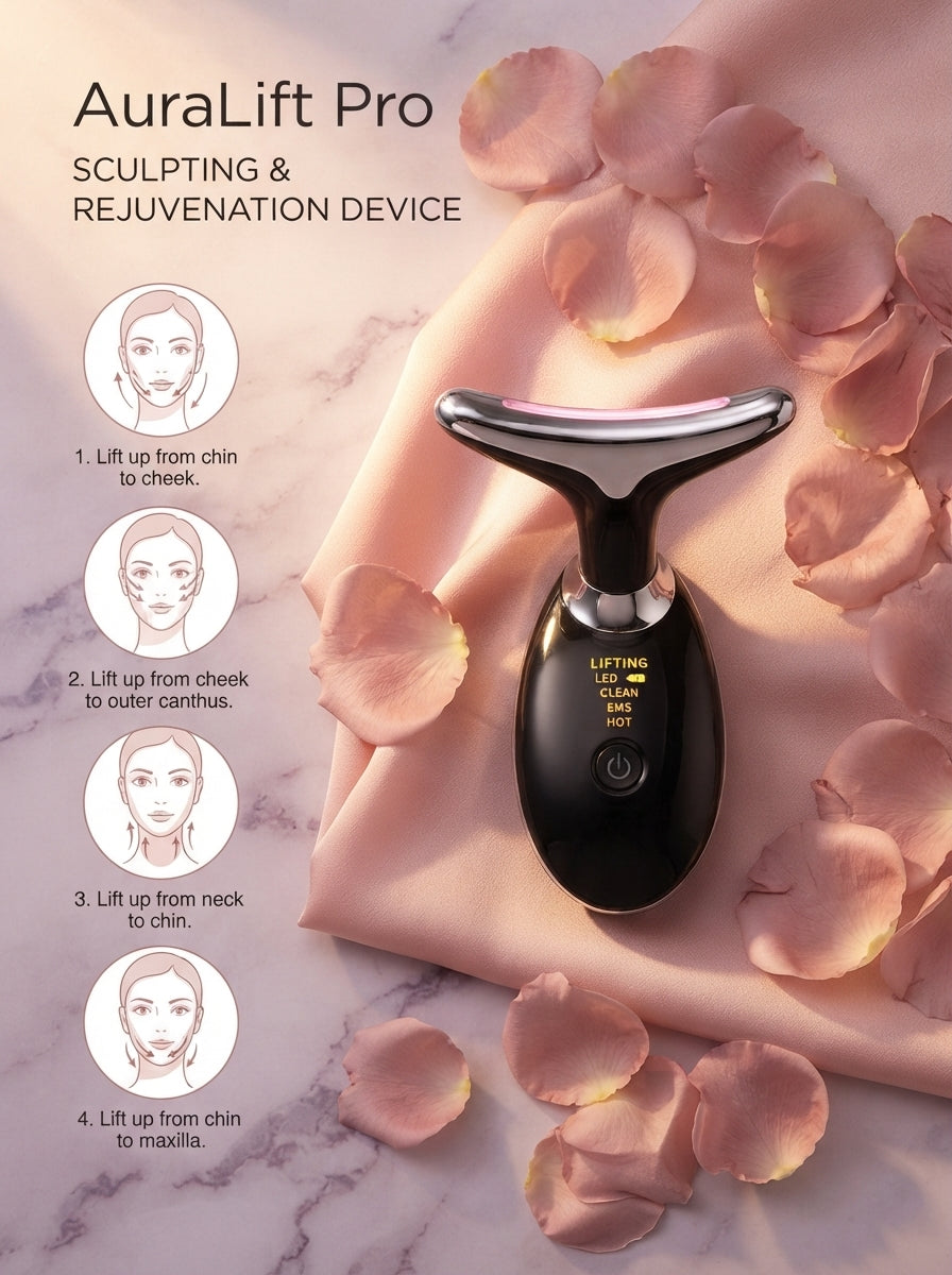 AuraLift Pro skincare device displayed on blush pink silk with rose petals on a pale mauve marble surface.