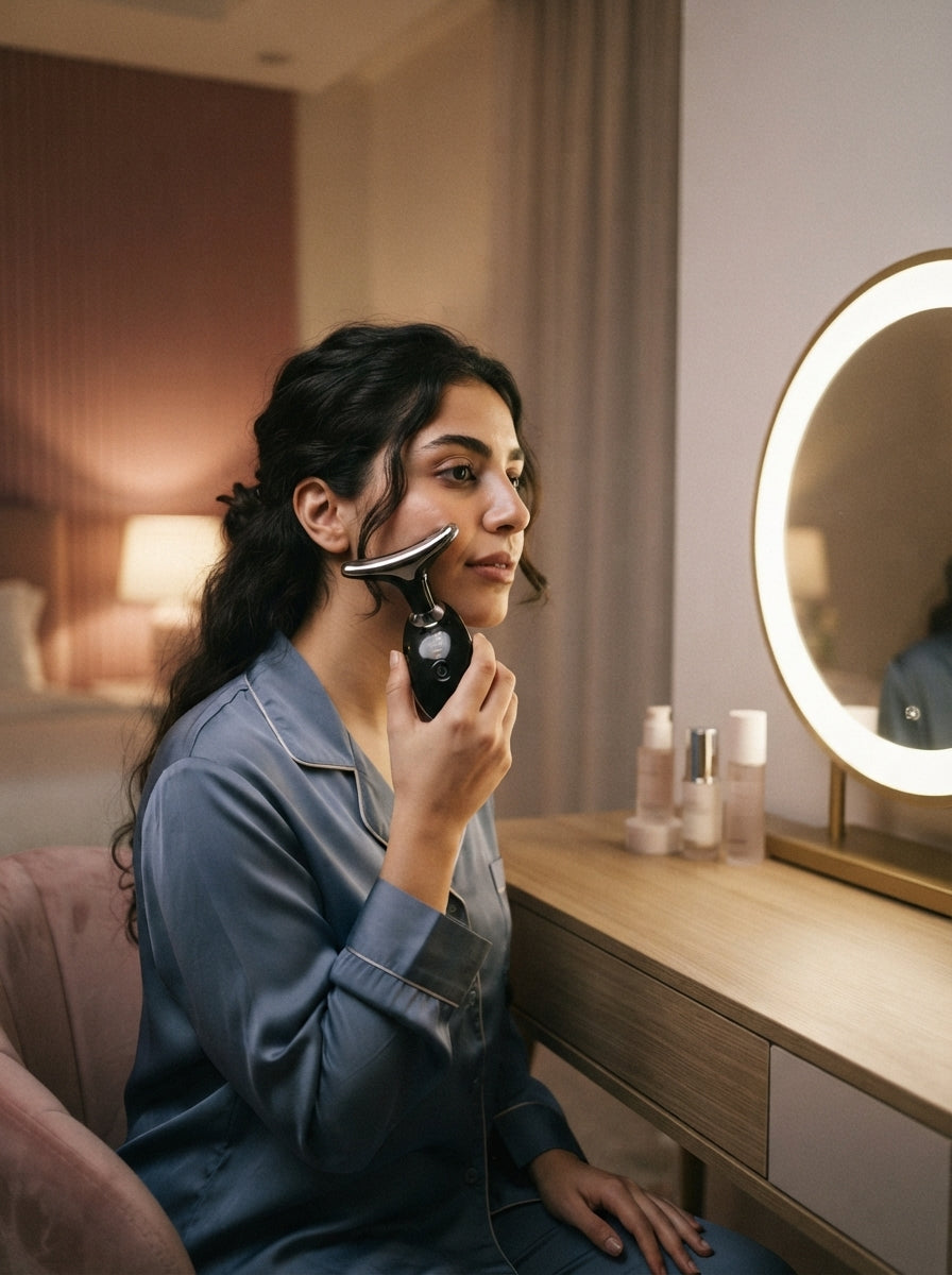 Woman using AuraLift Pro facial sculpting device at home