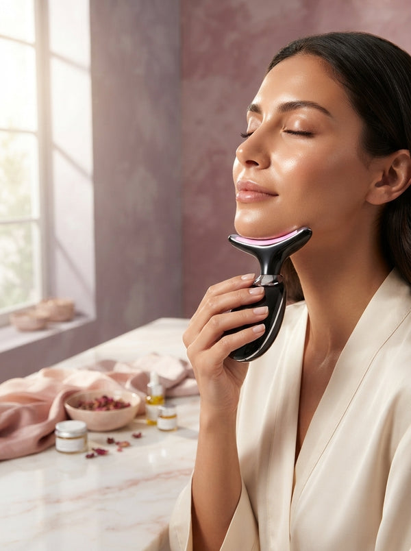 A woman using the AuraLift Pro skincare device on her jawline in a modern, blush-toned room with luxury spa styling.
